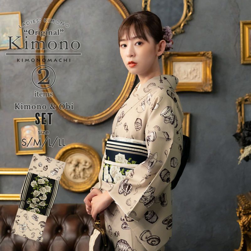 アンティーク黄緑の着物と帯セット アンティーク黄緑の着物と帯セット