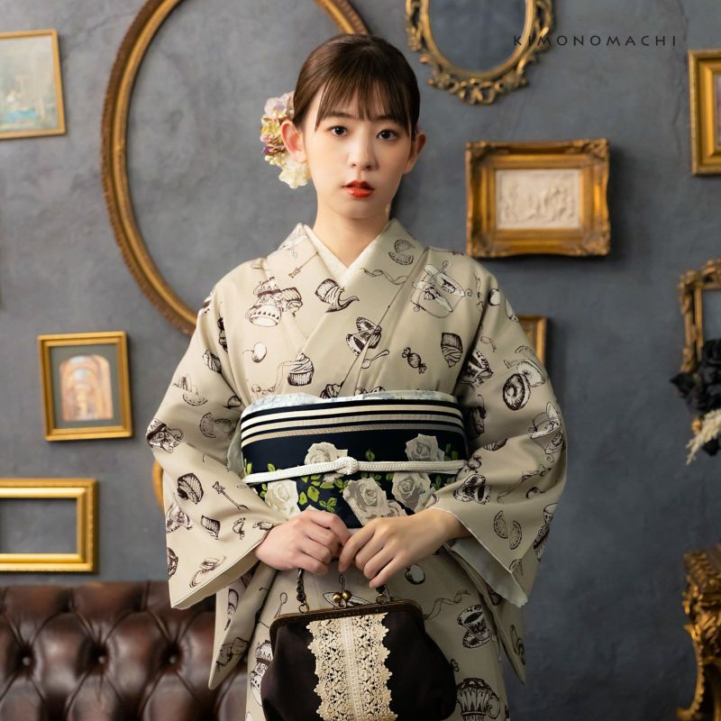 洗える着物 セット「袷着物：アフタヌーンティー ベージュ＋京袋帯：黒