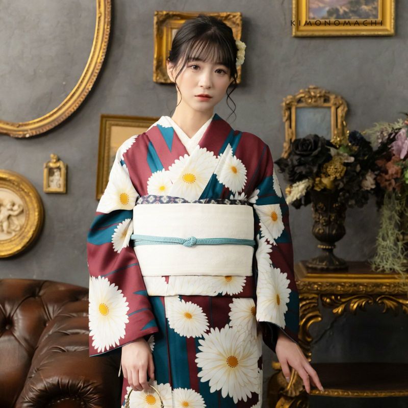 洗える着物 袷着物単品「矢羽根に菊 赤紫色」KIMONOMACHI