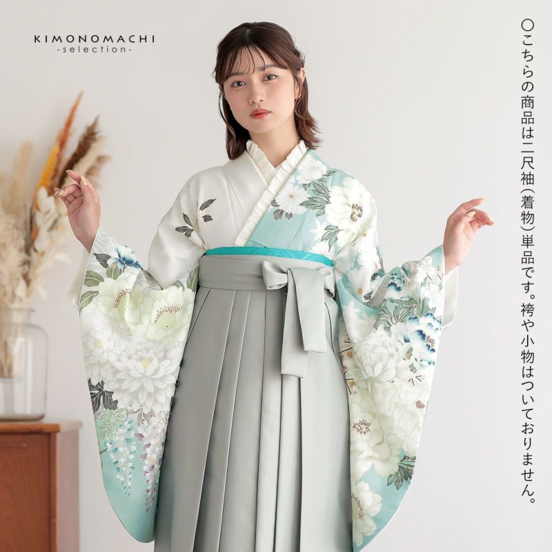卒業式応援Point10倍1/22迄)二尺袖着物 単品「水色×白 菊、牡丹に七宝