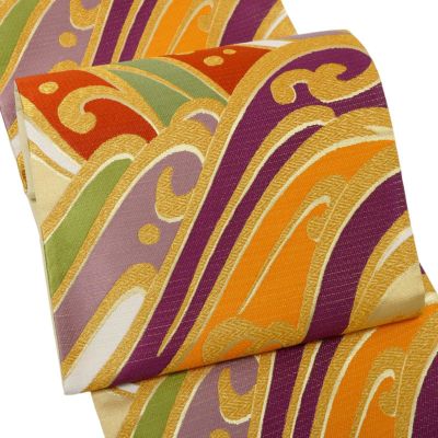 【振袖＋西陣織証紙付き袋帯セット】正絹｜紫地に花と鶴文様三越謹製/六角金襴帯 振袖 袋帯 単品「練色地 桜」日本製 西陣織 西陣織証紙番号 No.172 岡