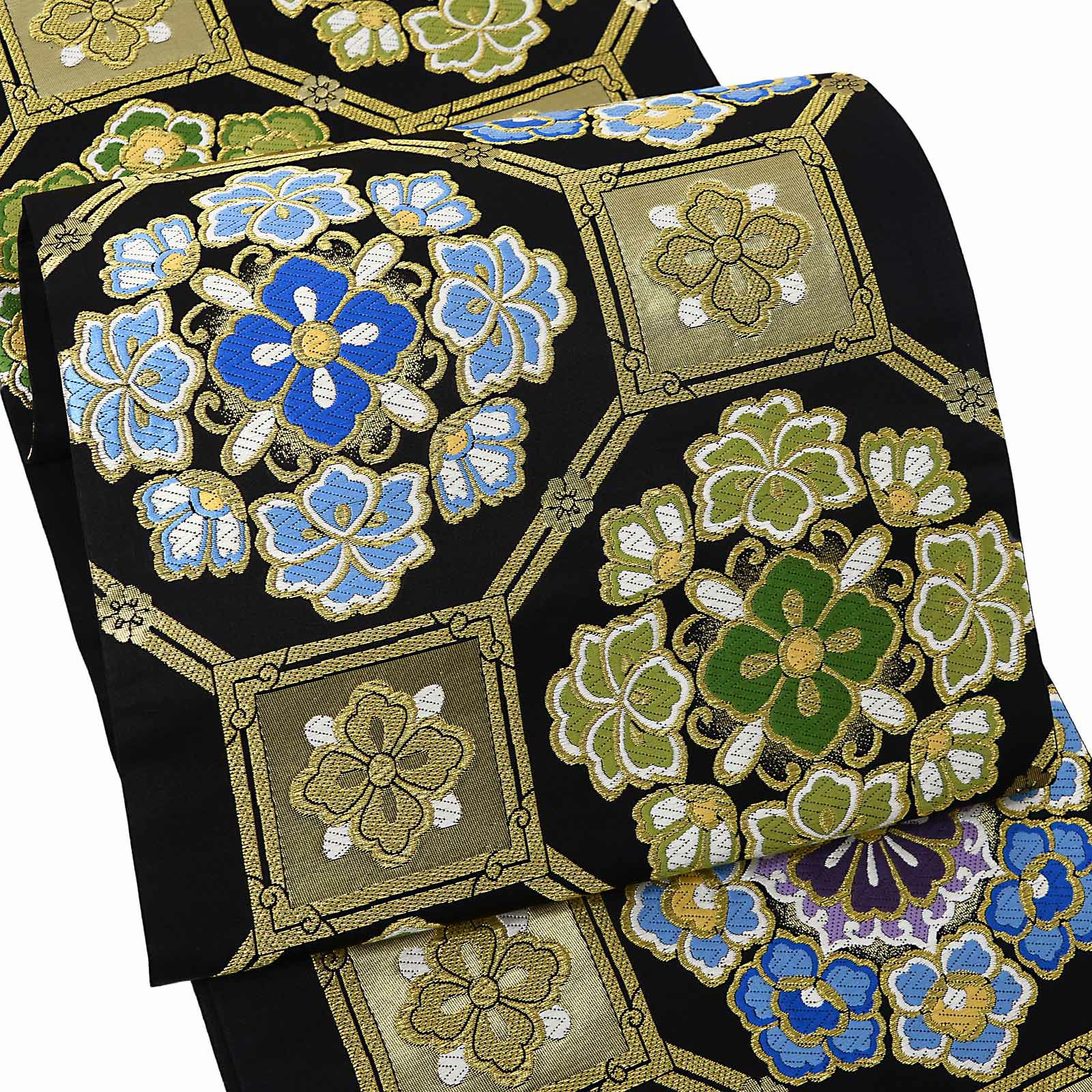 新品 未仕立】○(絽)黒共名古屋帯【単・夏用】☆菱に花菱☆西陣証紙767