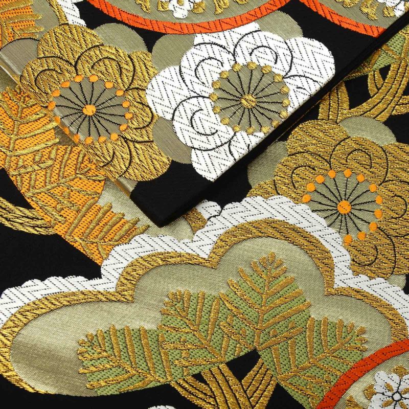 振袖 袋帯 単品「黒地 七宝に梅松」日本製 西陣織 西陣織証紙番号 No