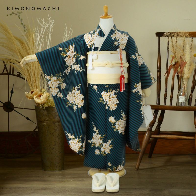 七五三 7歳 四つ身着物セット「ストライプブーケ グリーン」女の子 7才