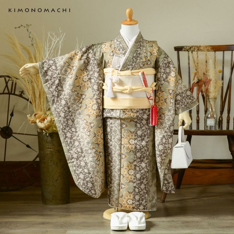 七五三 7歳 四つ身着物セット「縞更紗 利休」女の子 7才 女児用 子供