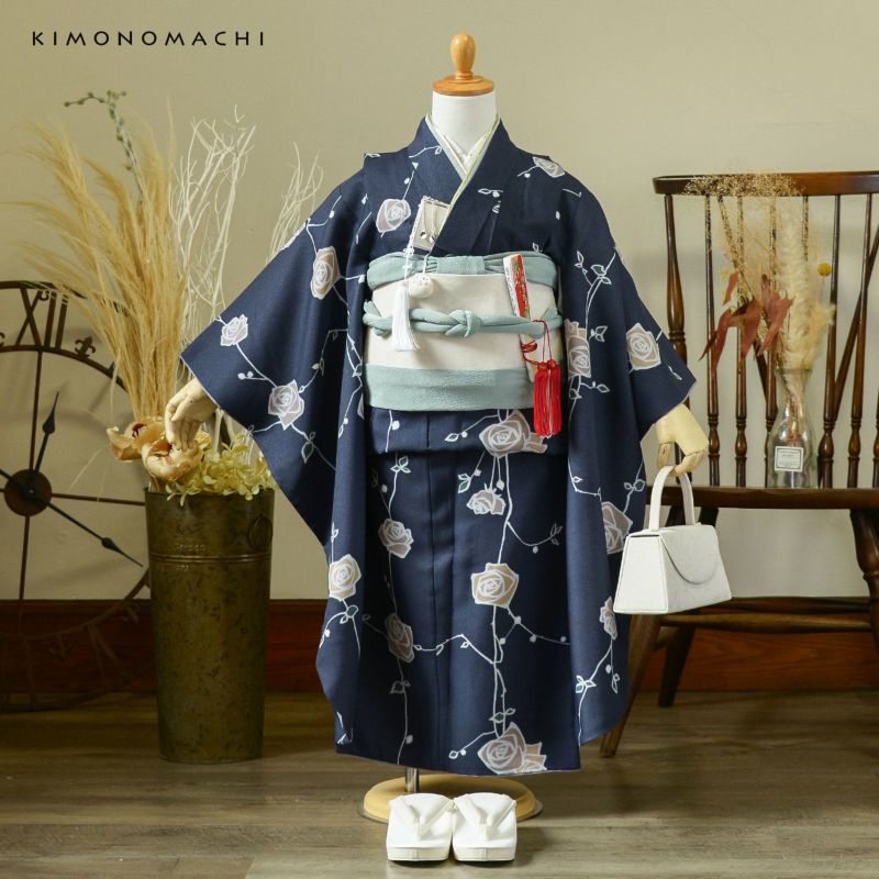 女児四つ身着物単品　紺色 こども 木綿着物とポリエステル単帯の子ども用着物セット「紺色