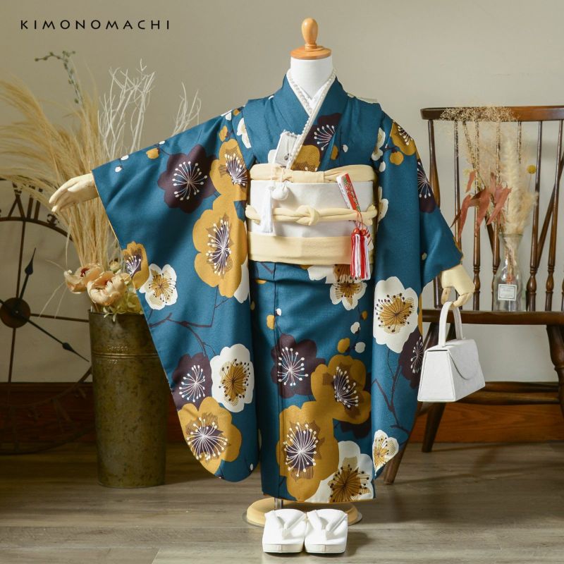 七五三 7歳 四つ身着物セット「梅 青緑」女の子 7才 女児用 子供着物