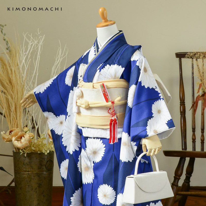 七五三 7歳 四つ身着物 単品「矢羽根に菊 瑠璃色」女の子 7才 女児用