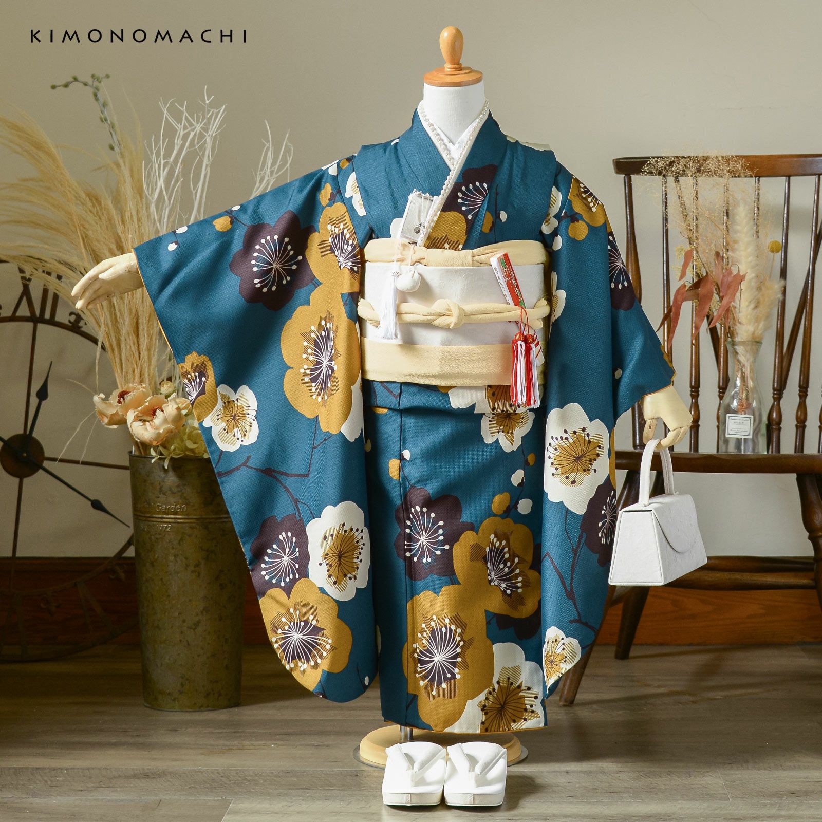 豆千代モダン　四つ身着物　大梅　7才以上身長130センチまで 七五三 7歳 四つ身着物 単品「梅 青緑」女の子 7才 女児用 子供着物 七