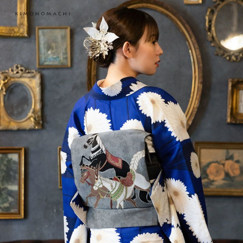 洗える着物 セット「袷着物：矢羽根に菊 瑠璃色＋京袋帯：競べ馬