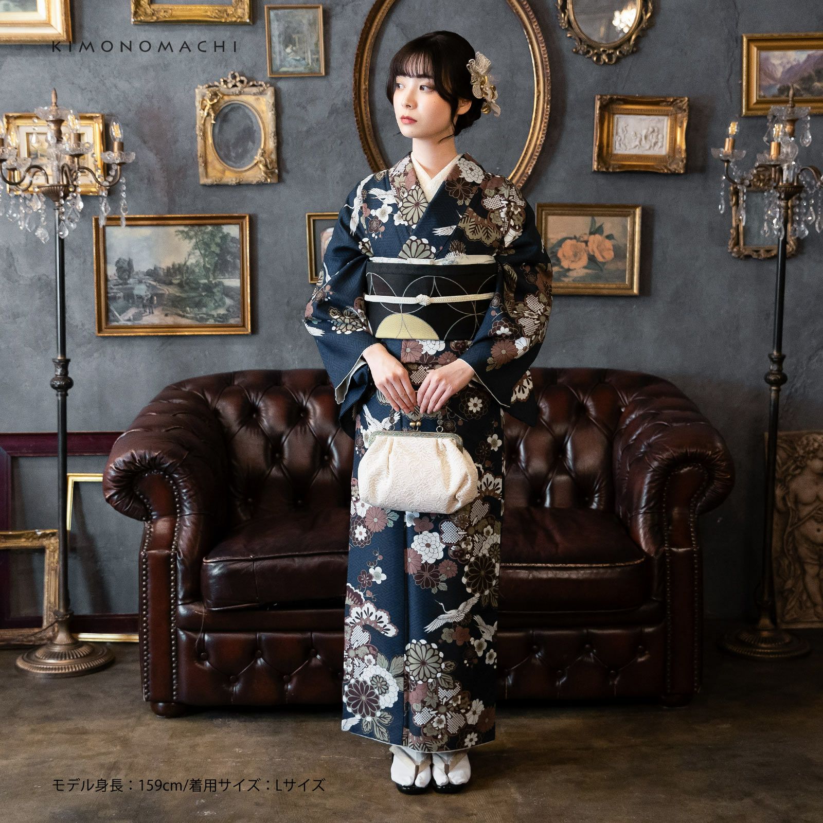 洗える着物 セット「袷着物：鶴と花紋に紗綾形 紺色＋京袋帯：月七宝