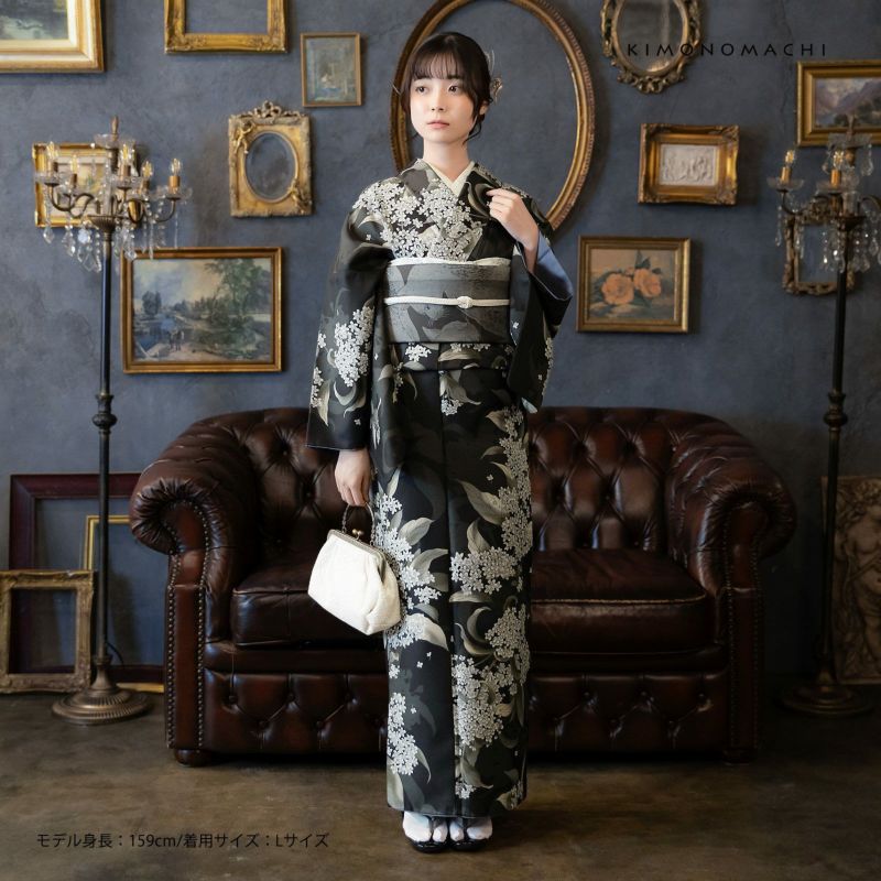 洗える着物 セット「袷着物：銀木犀 黒色＋京袋帯：薄暮の灰猫