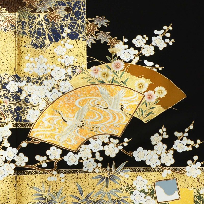 訳アリ】黒留袖 お仕立て上がり 単品「地紙に鶴」正絹 紋入れ代込み