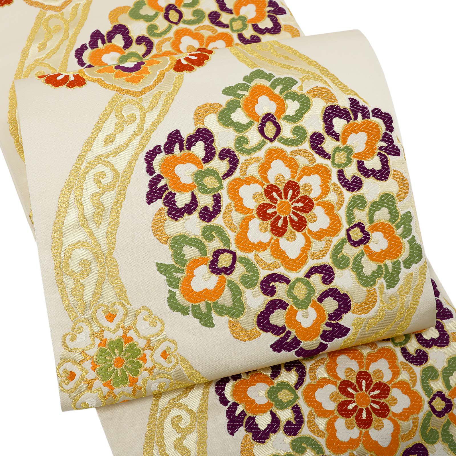 振袖 袋帯 単品「象牙色 立涌に唐花」六通柄 日本製 西陣織証紙番号 No