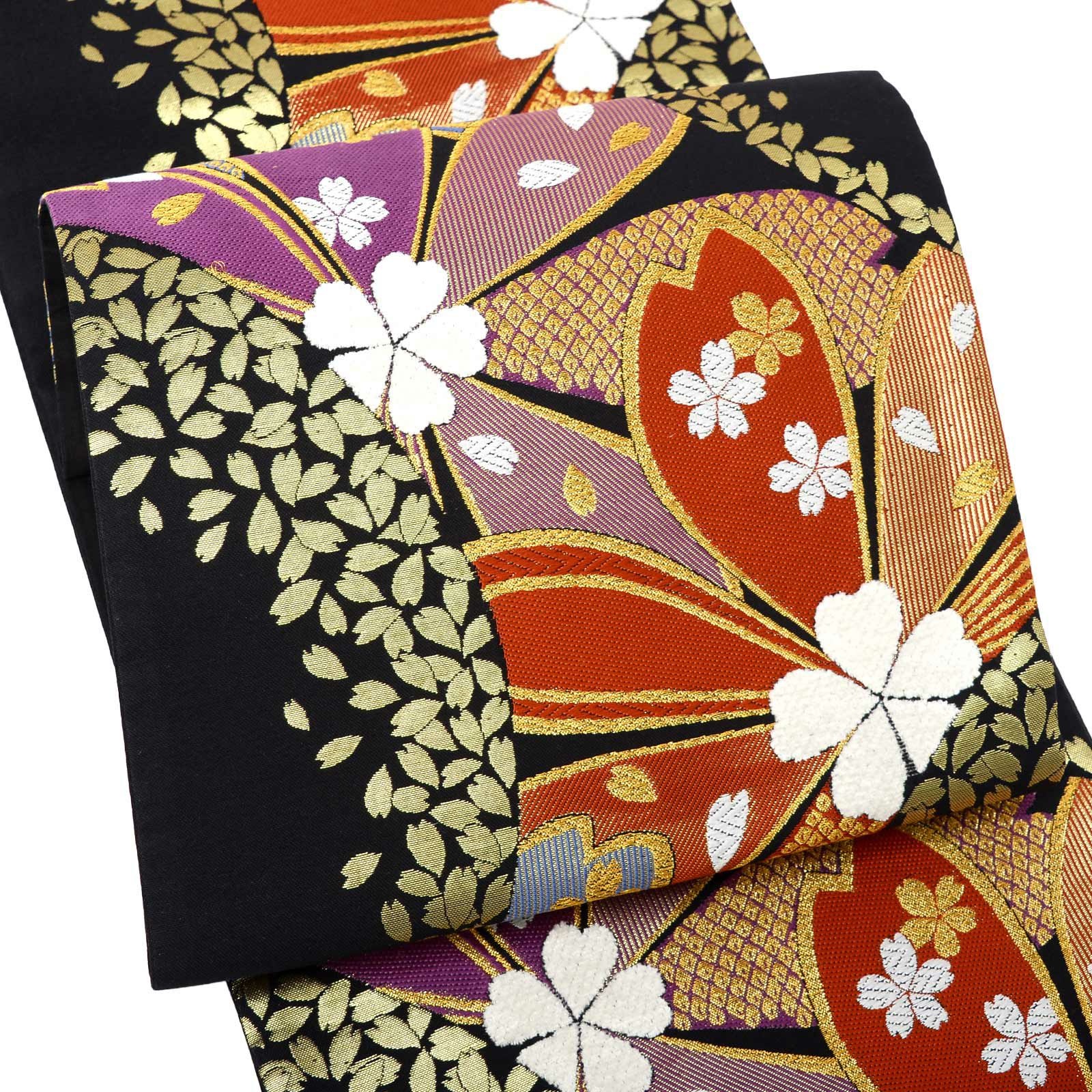 振袖 袋帯 単品「黒地 桜」六通柄 日本製 西陣織証紙番号 No.172 岡文